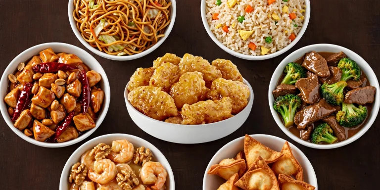 Homemade Panda Express copycat dishes: orange chicken, chow mein, fried rice, kung pao chicken, broccoli beef, honey walnut shrimp, and cream cheese rangoons