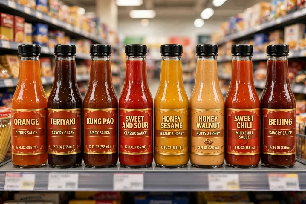 Panda Express Sauces: The Complete Guide (In-Store + Bottled) 2 Panda Express bottled sauces on a grocery store shelf: Orange, Mandarin Teriyaki, Kung Pao, Sweet and Sour, Honey Sesame, Honey Walnut, Sweet Chili, Sweet and Tangy Beijing