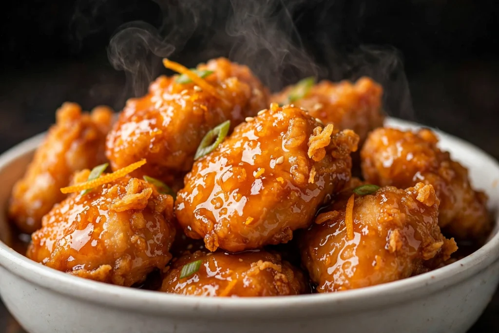 Panda Express Sauces: The Complete Guide (In-Store + Bottled) 4 Crispy orange chicken glazed with Panda Express orange sauce