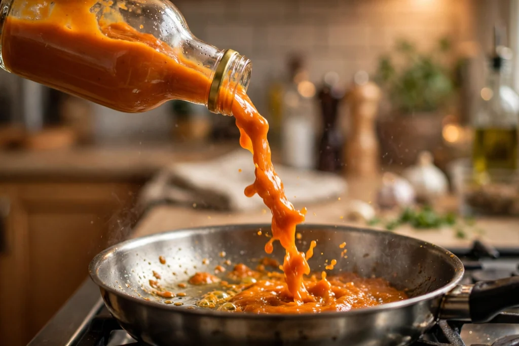 Panda Express Sauces: The Complete Guide (In-Store + Bottled) 3 Pouring Panda Express bottled orange sauce into a pan for a homemade stir-fry